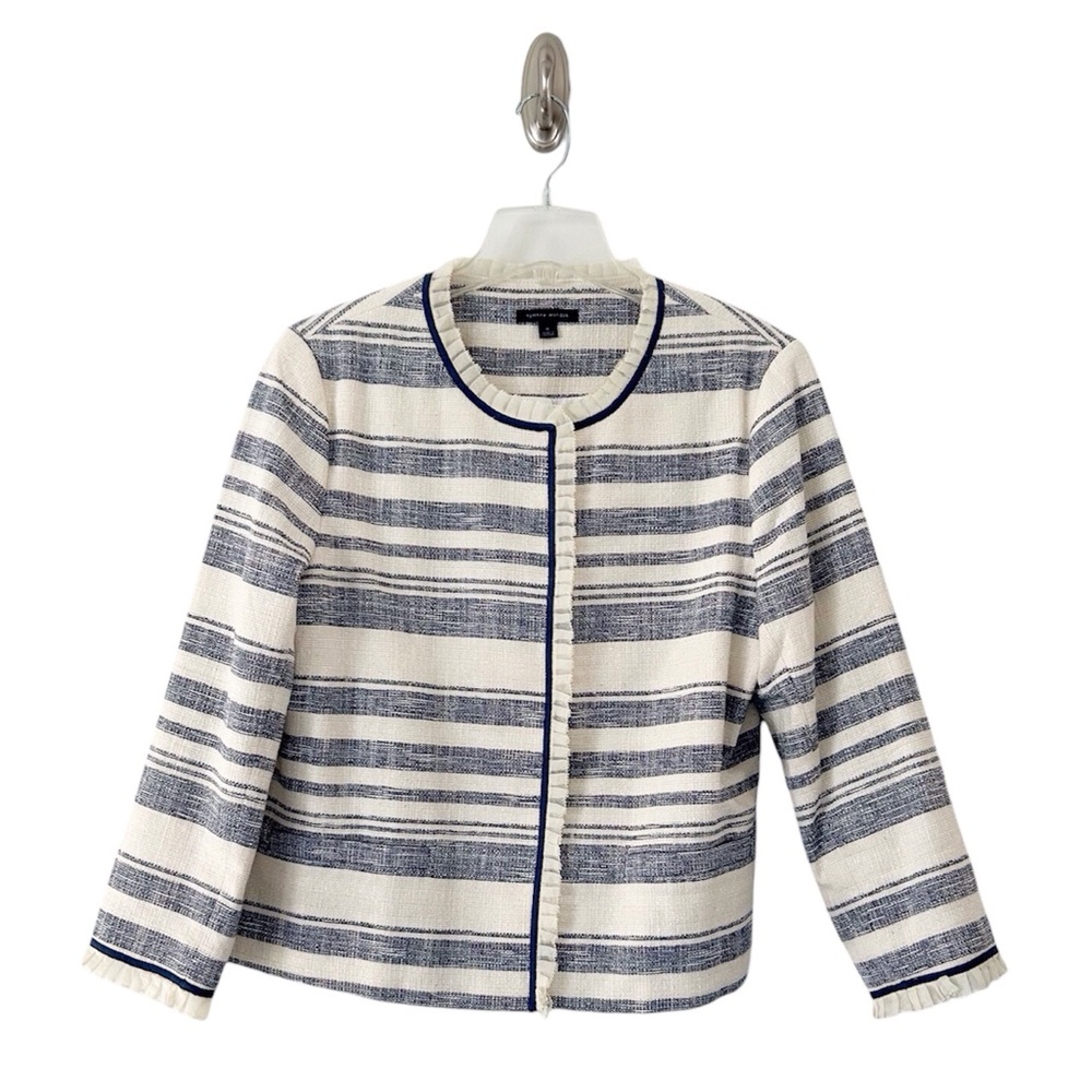 Tommy Hilfiger Women’s Ruffle-Trim Cream & Blue Stripe Collarless Blazer Size 16